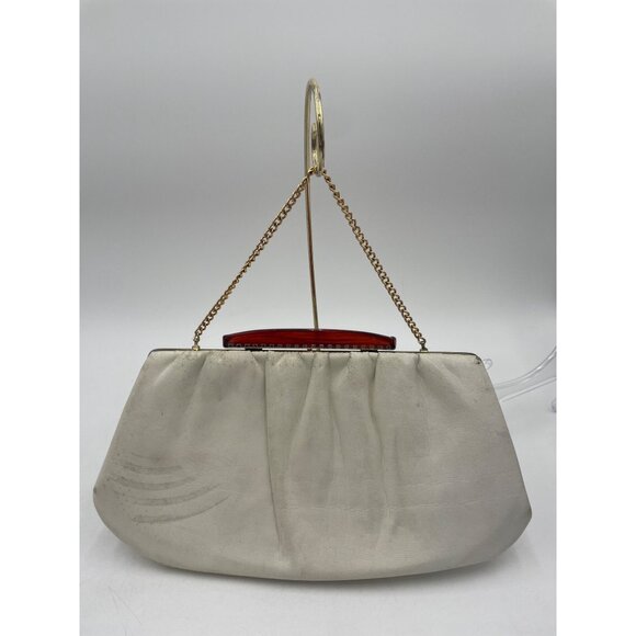 Vintage White Leather Clutch Purse Brown Lucite Handle & Gold Chain - Picture 7 of 13